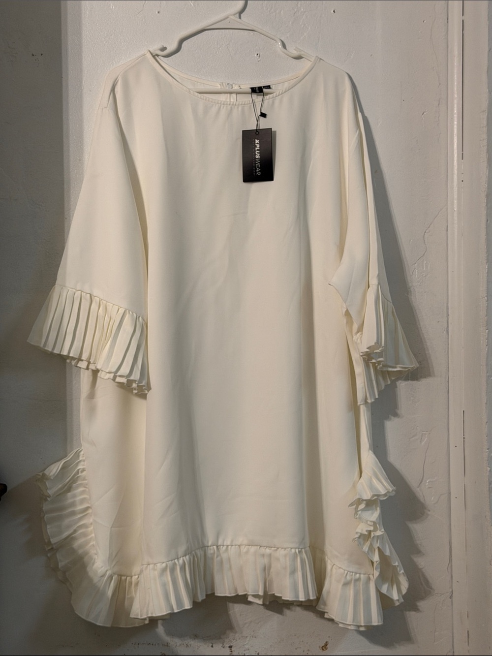 Pleated-Trim Cream Mini Dress